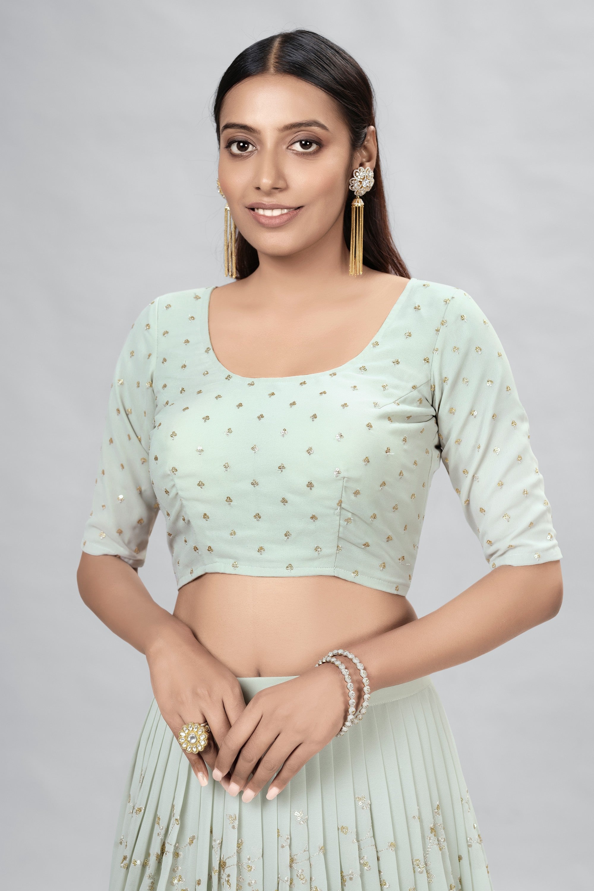 Light Green Indian Georgette Lehenga Choli With Ruffle Dupatta For Indian Festival & Weddings - Sequence Embroidery Work,