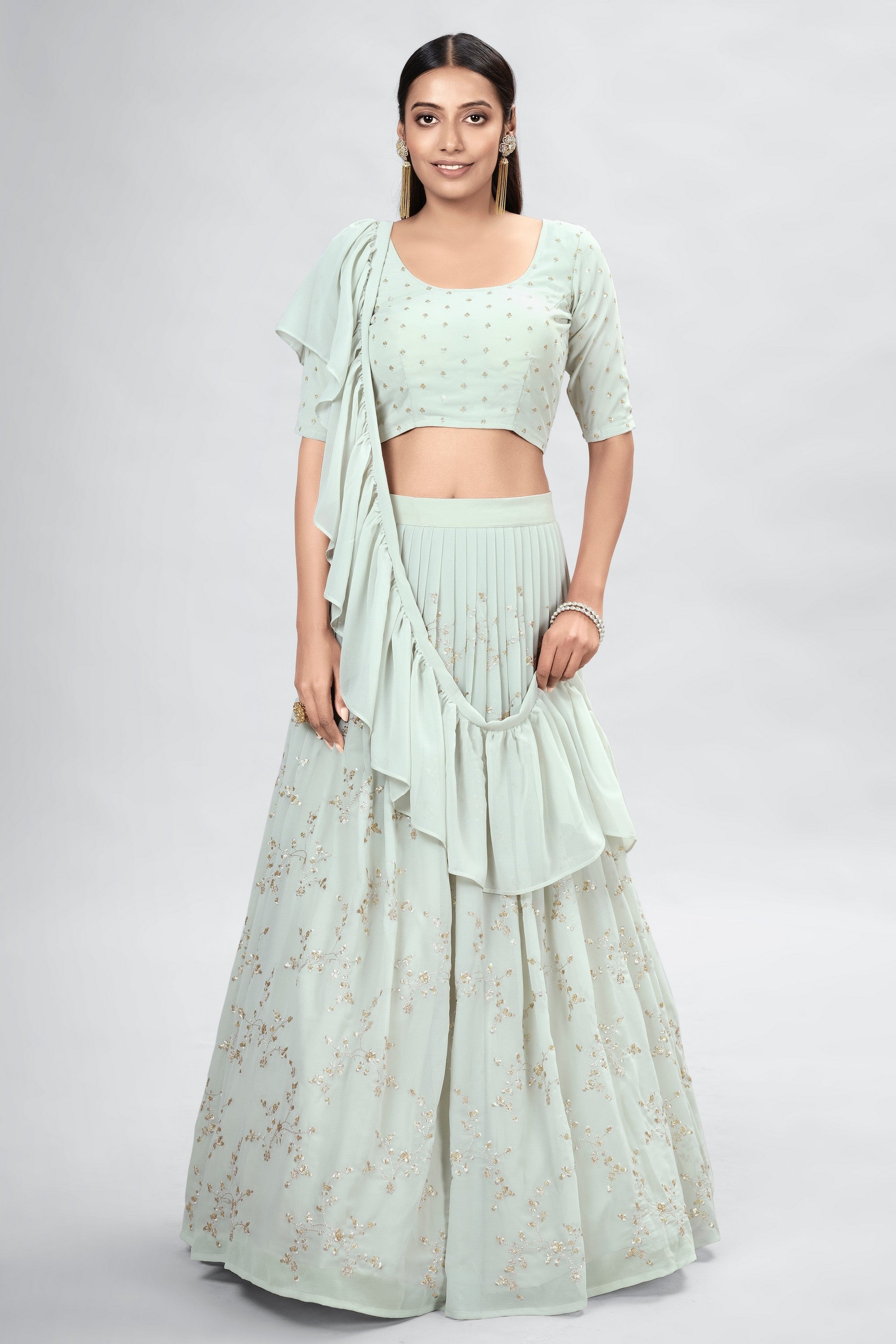 Light Green Indian Georgette Lehenga Choli With Ruffle Dupatta For Indian Festival & Weddings - Sequence Embroidery Work,