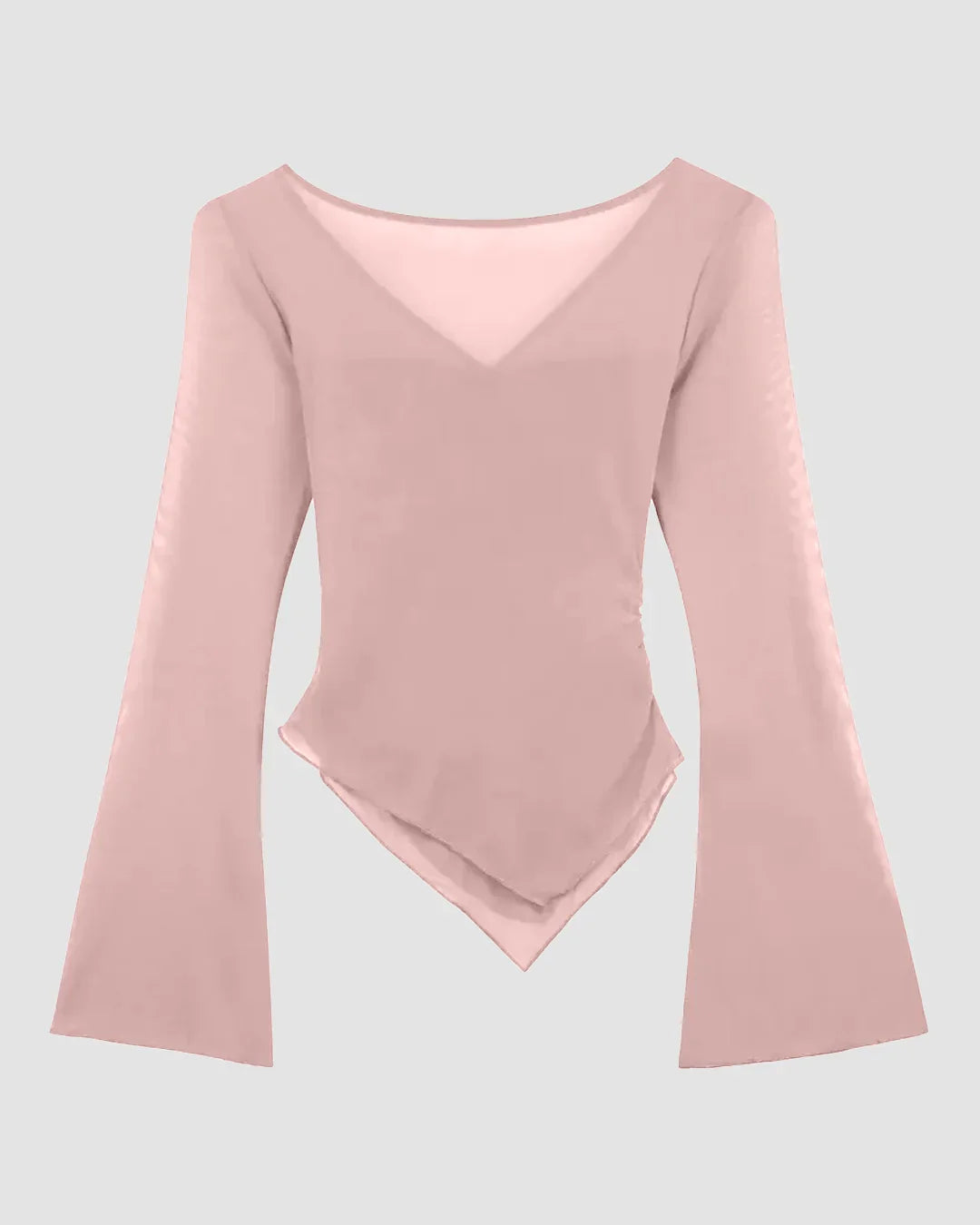 Light Pink Ruched Tie Front Asymmetric Full Sleeve Top