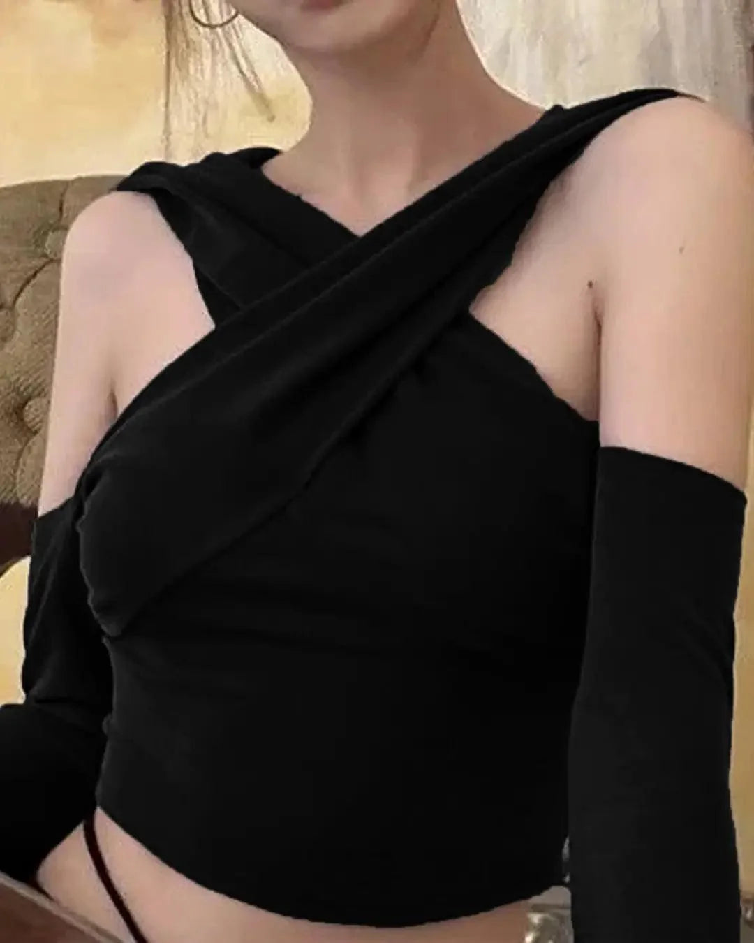 Long-Sleeve Cold Shoulder Hooded Plain Crop Top