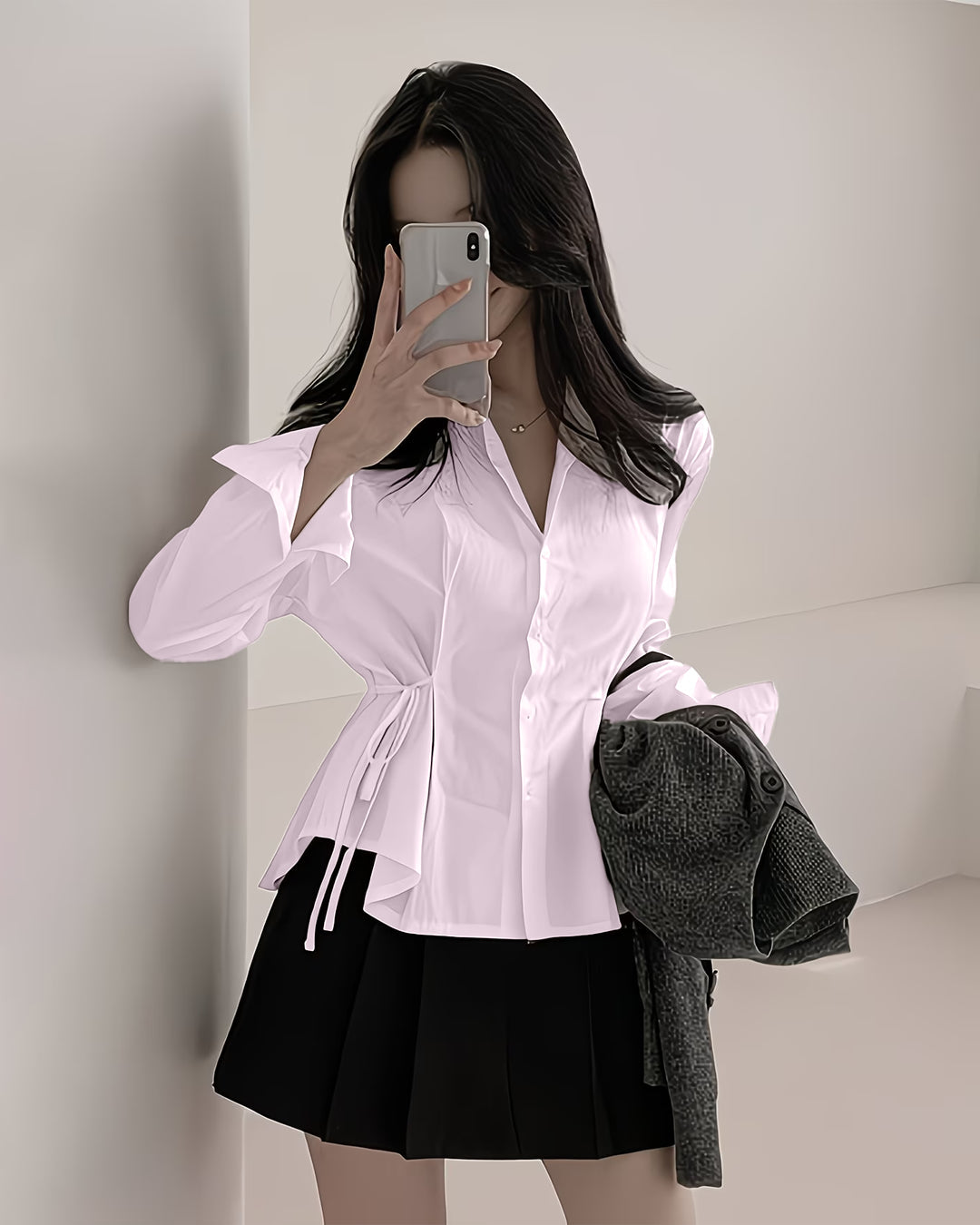 Long-Sleeve Waist Tied Shirt in Baby Pink