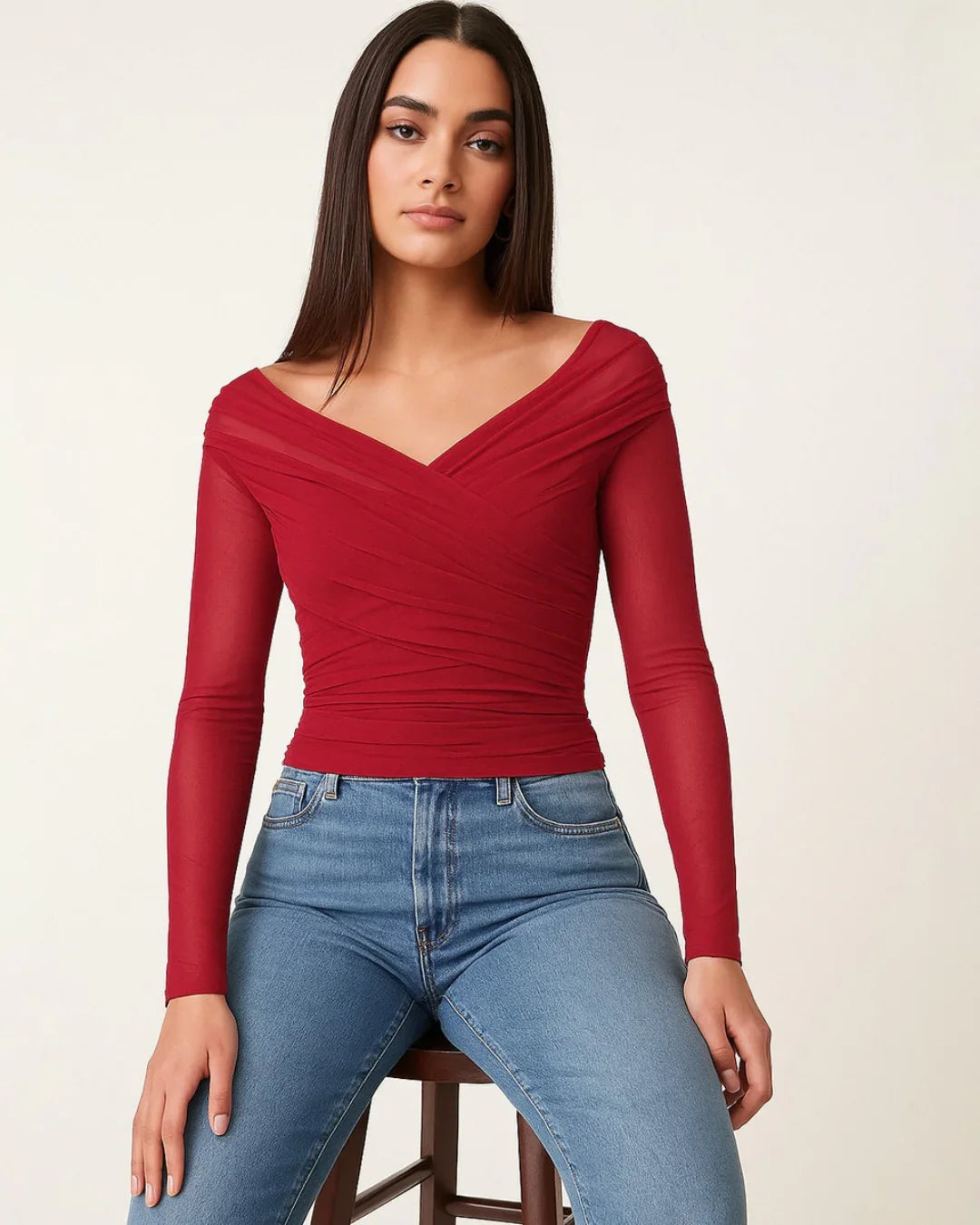 Long Sleeve Off-Shoulder Draped Wrap Top in Red