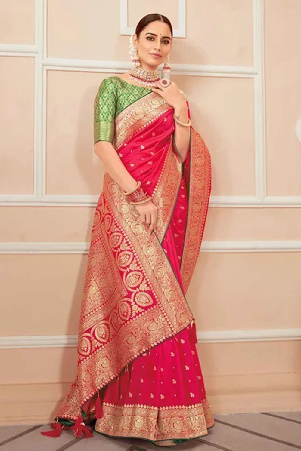 Pink Banarasi Silk Saree With Zari Weaving Work