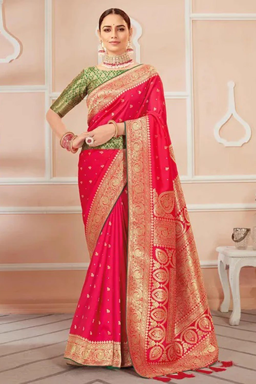 Pink Banarasi Silk Saree With Zari Weaving Work