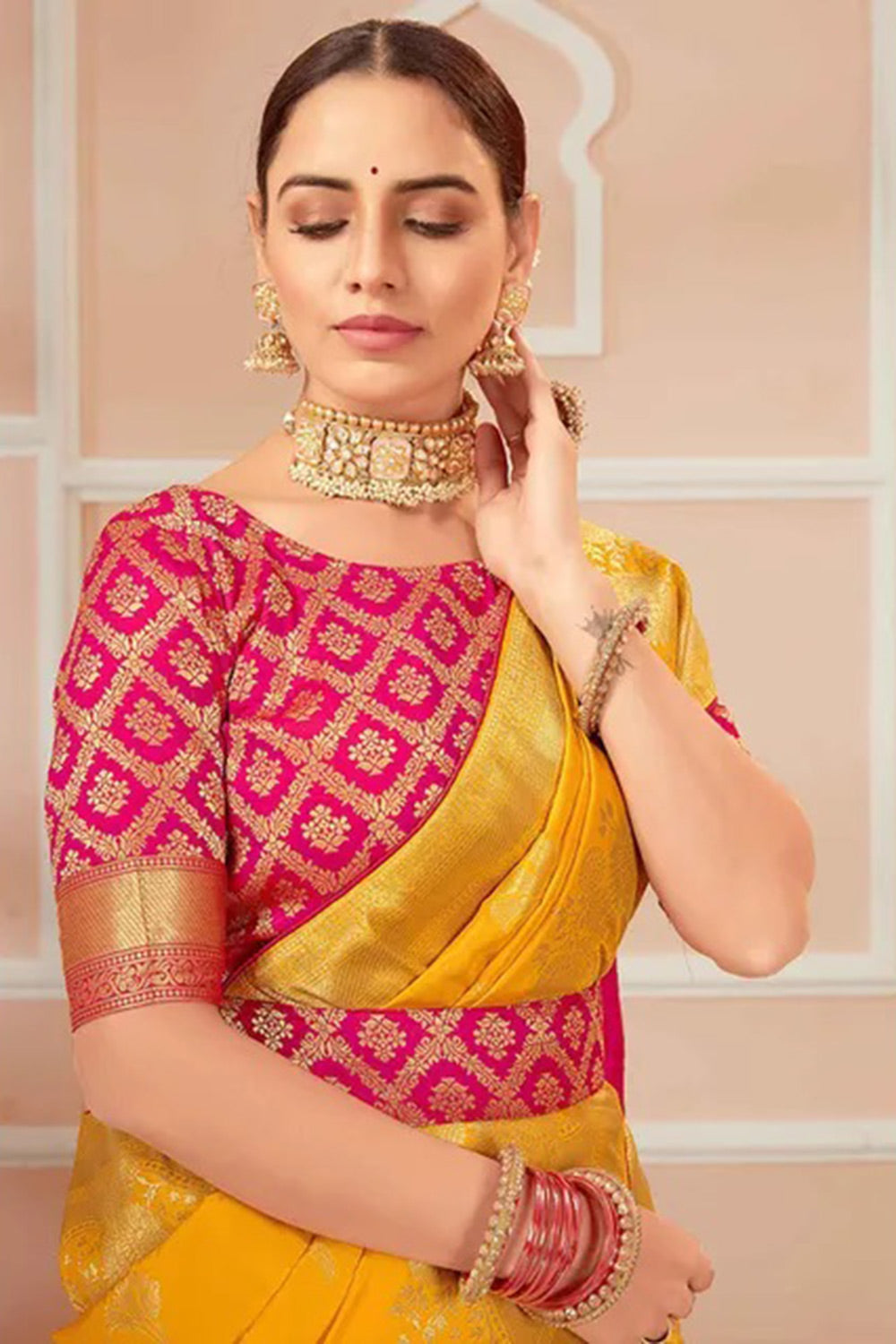 Yellow Banarasi Silk Saree With Zari Weaving Work