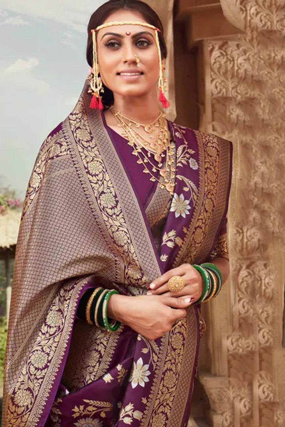 Purple Banarasi Silk Saree With Zari Weaving Work