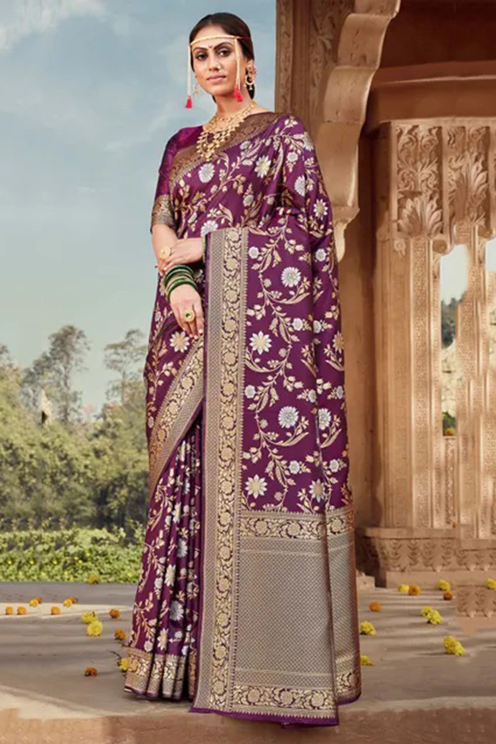 Purple Banarasi Silk Saree With Zari Weaving Work