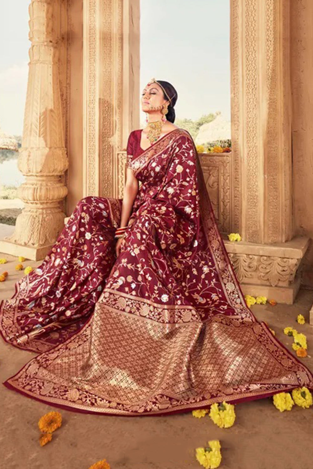Dark Maroon Banarasi Silk Saree With Zari Weaving Work