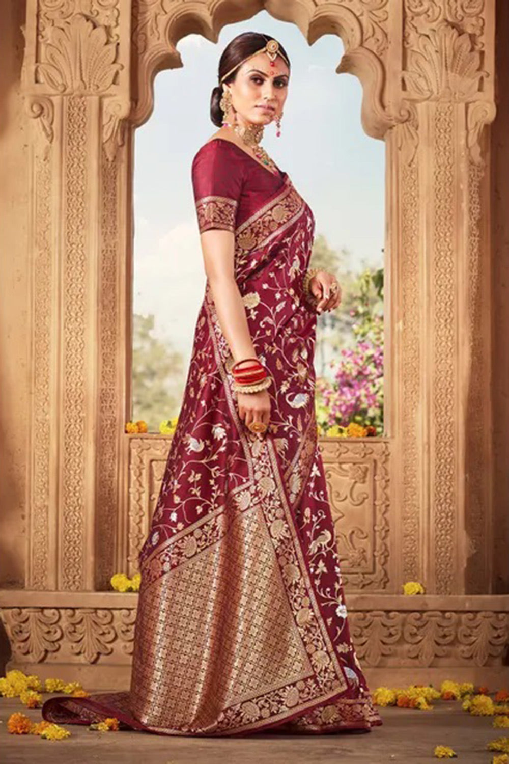 Dark Maroon Banarasi Silk Saree With Zari Weaving Work