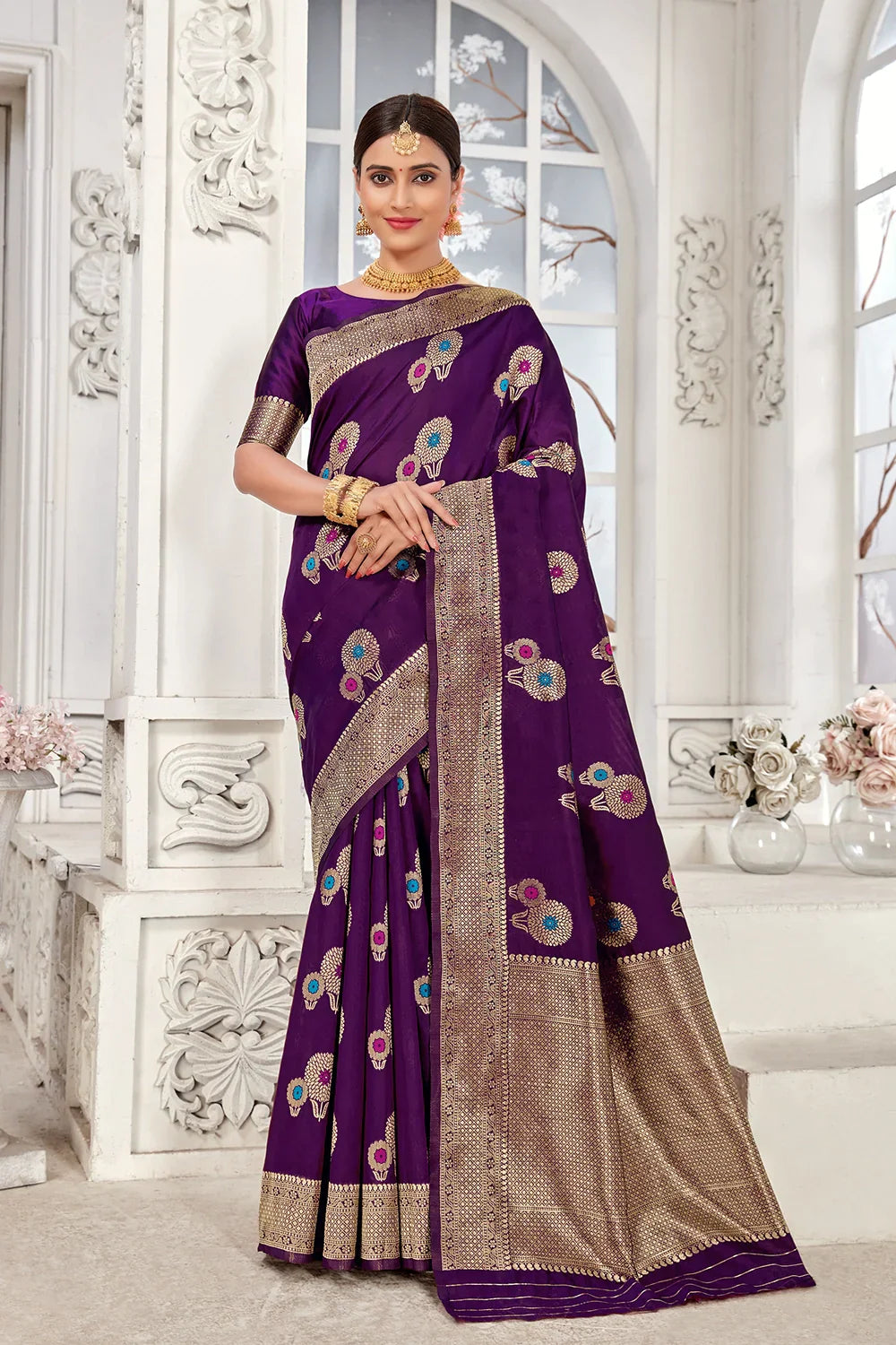 Purple Banarasi Silk Saree With Zari Weaving Work