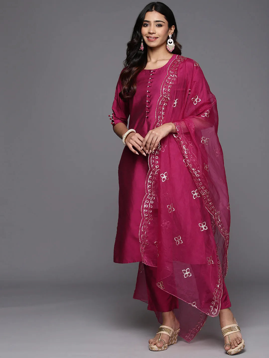 Anouk Magenta Solid Silk Blend Straight Suit With Dupatta