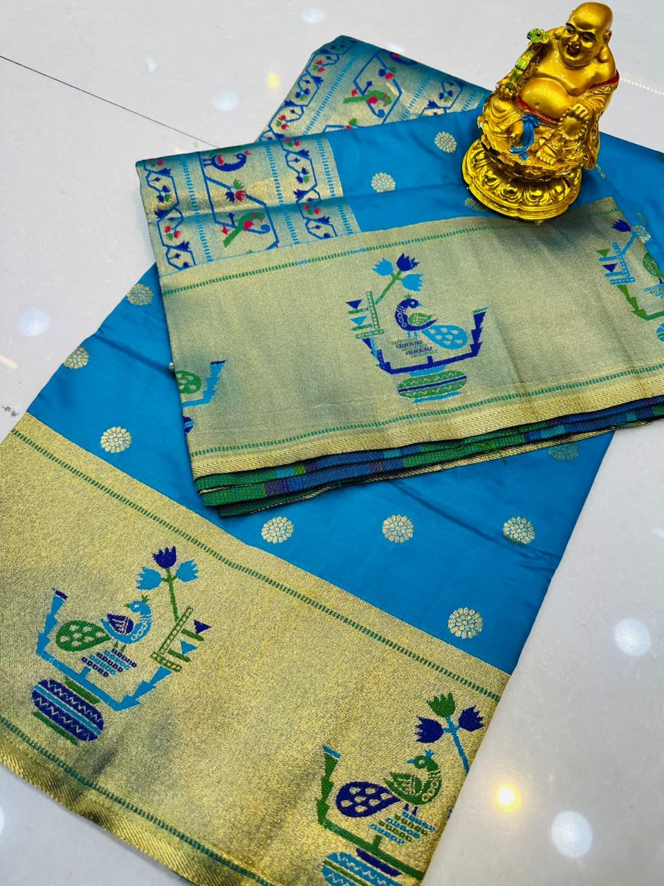 Sensational Firozi Paithani Silk Saree With Engrossing Blouse Piece