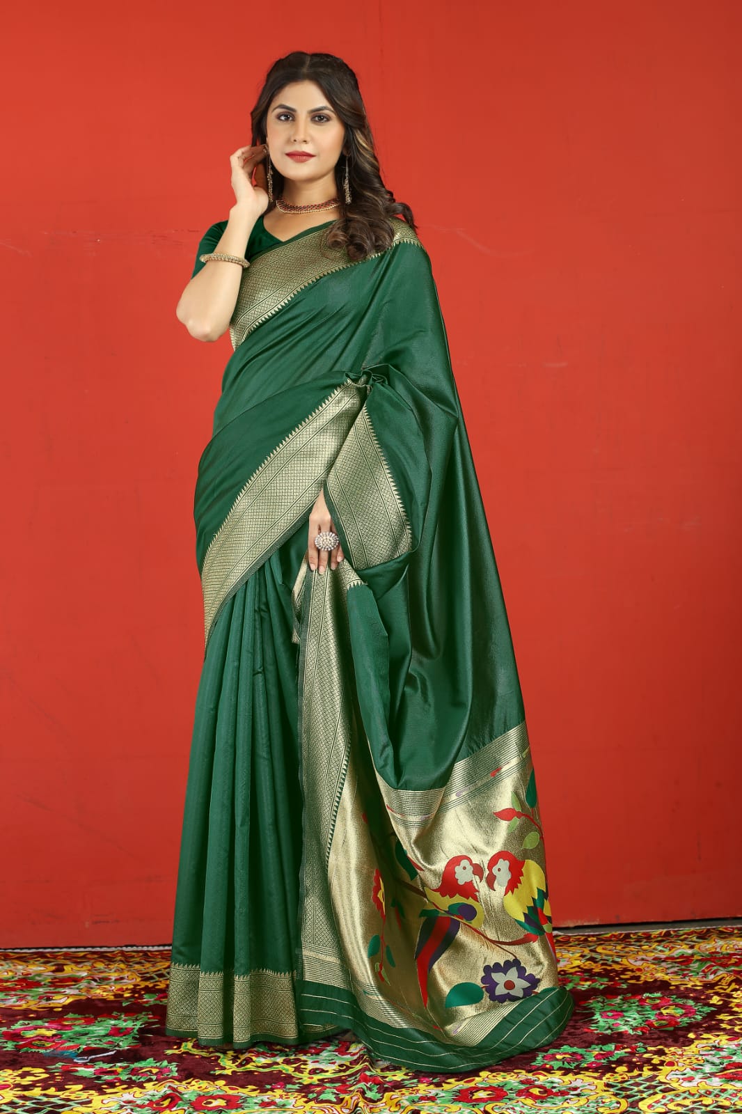 Symmetrical Dark Green Paithani Silk Saree With Extraordinary Blouse Piece