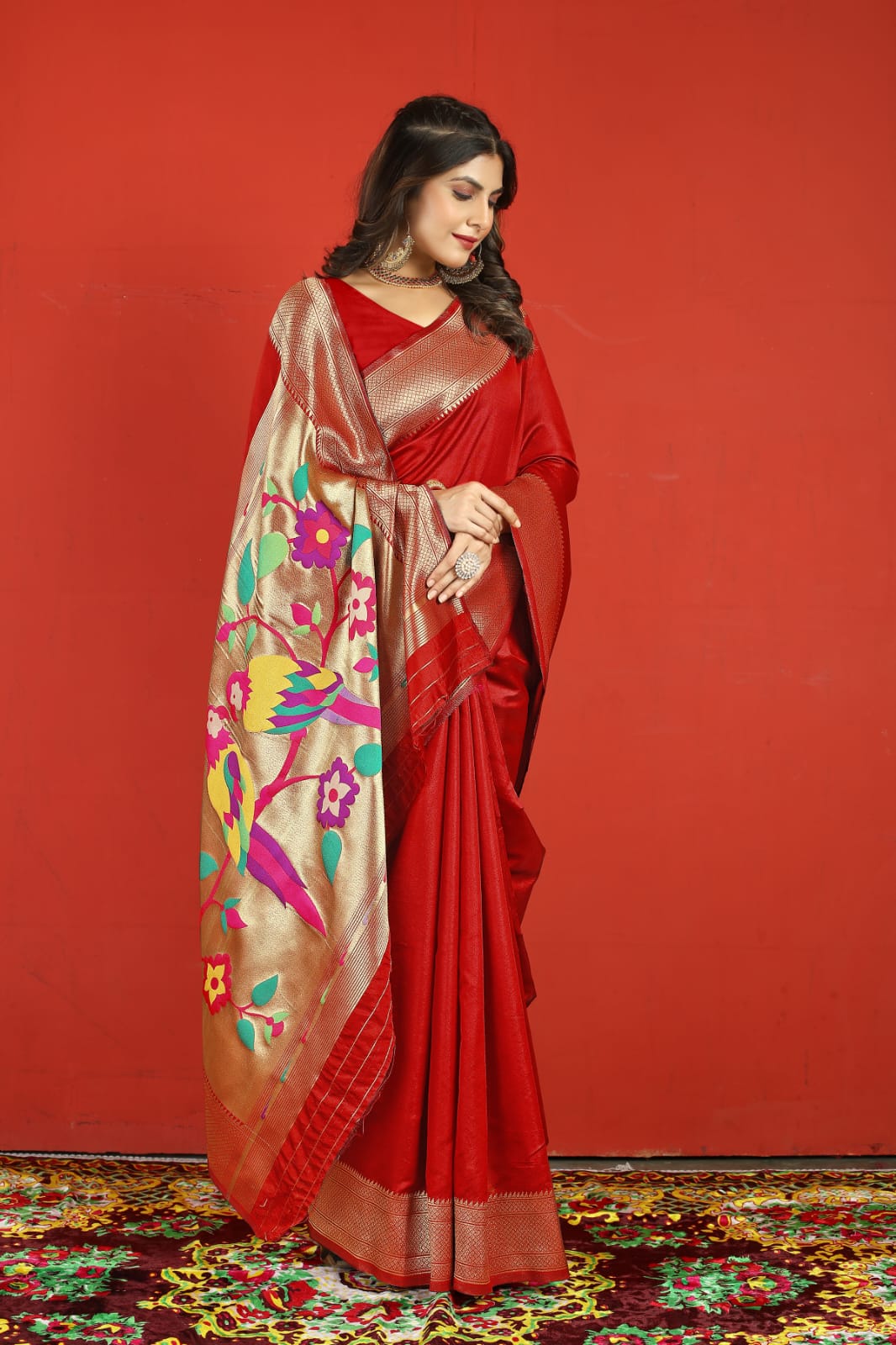 Splendorous Red Paithani Silk Saree With Ratatouille Blouse Piece