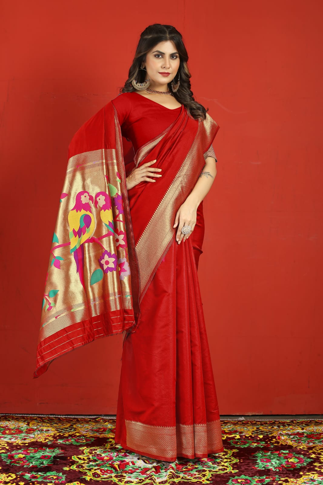 Splendorous Red Paithani Silk Saree With Ratatouille Blouse Piece