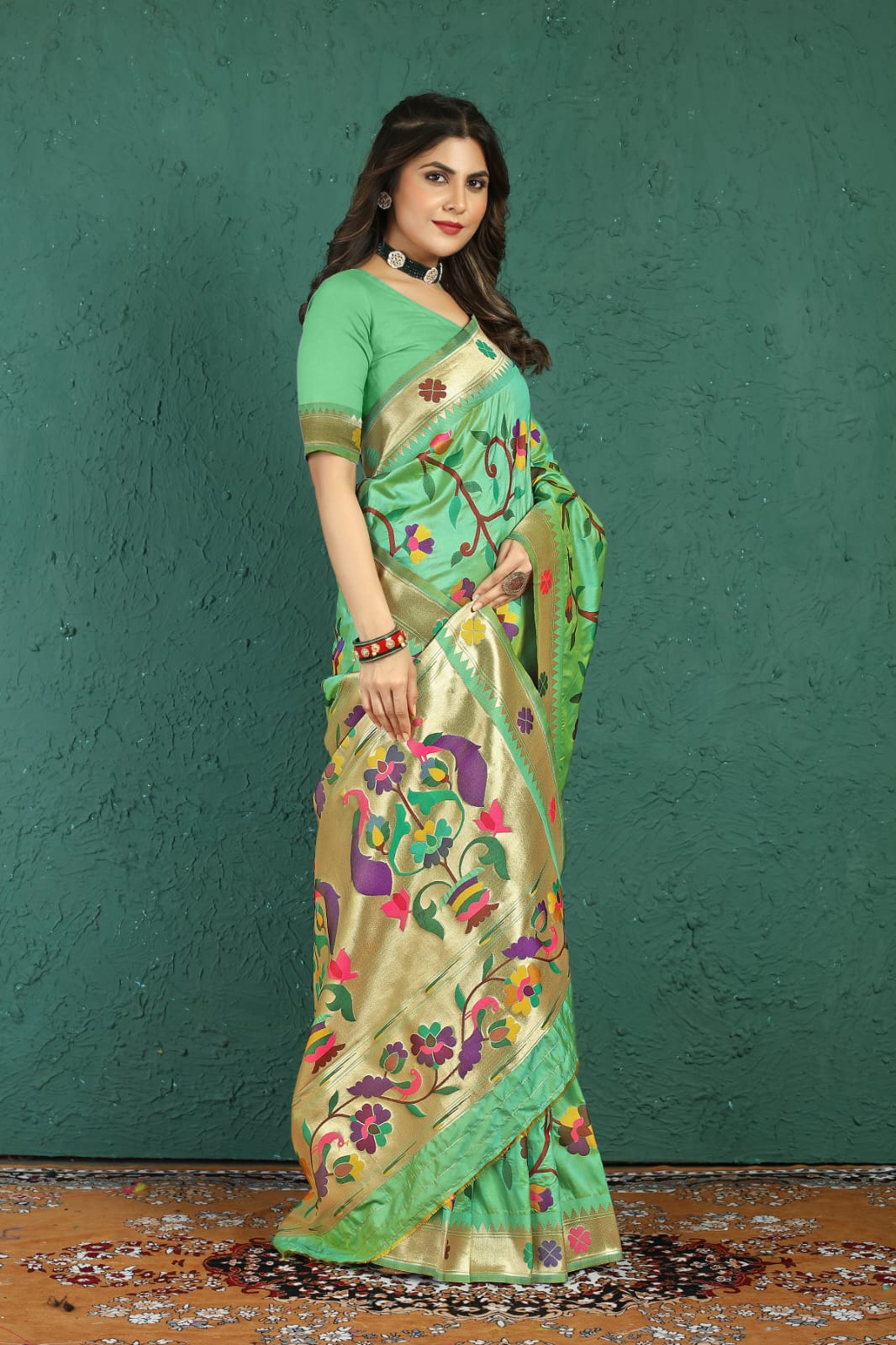 Incredible Pista Paithani Silk Saree With Panoply Blouse Piece