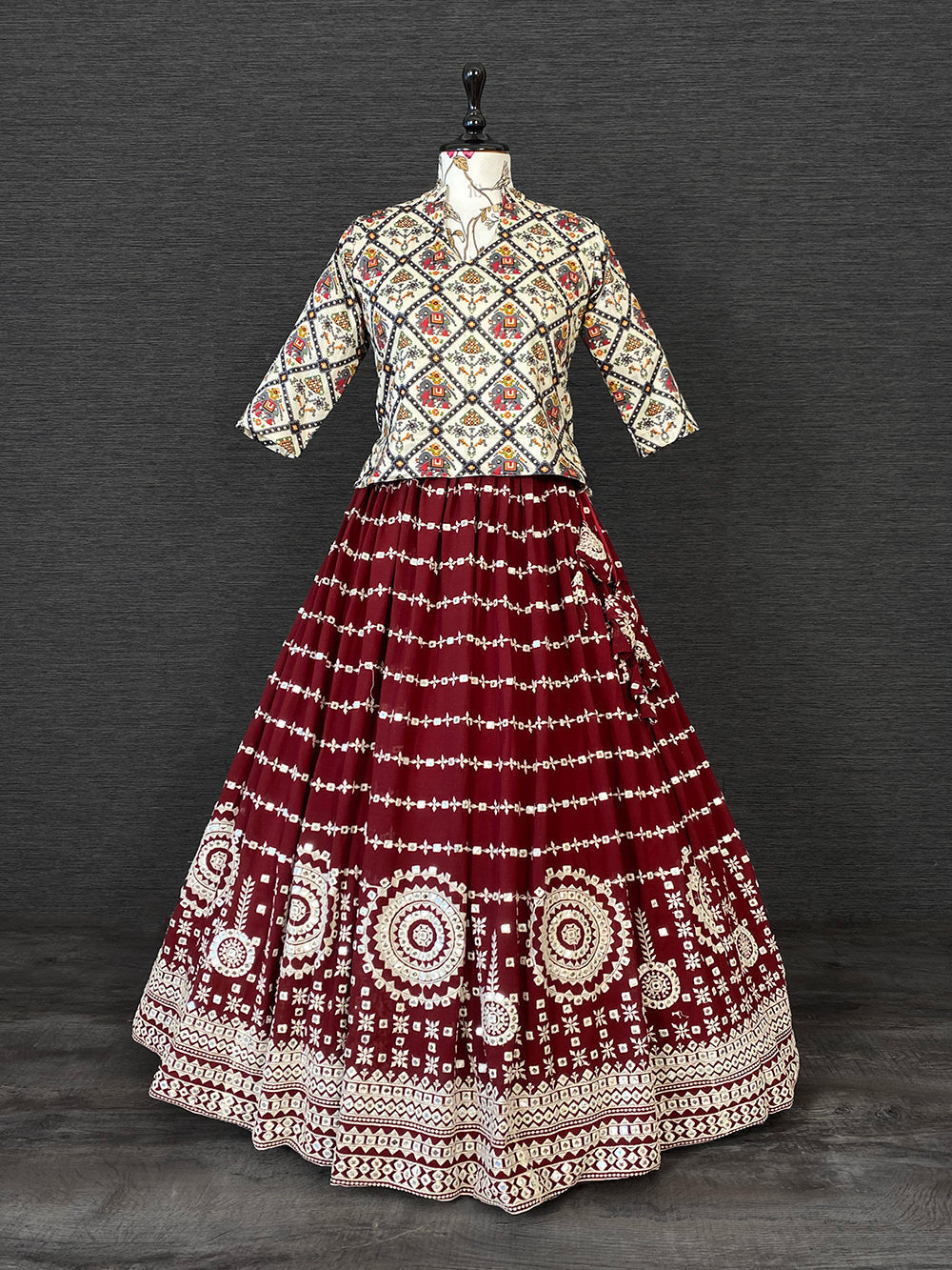 Maroon Color Paper Mirror And Thread Embroidery Work Georgette Lehenga Choli