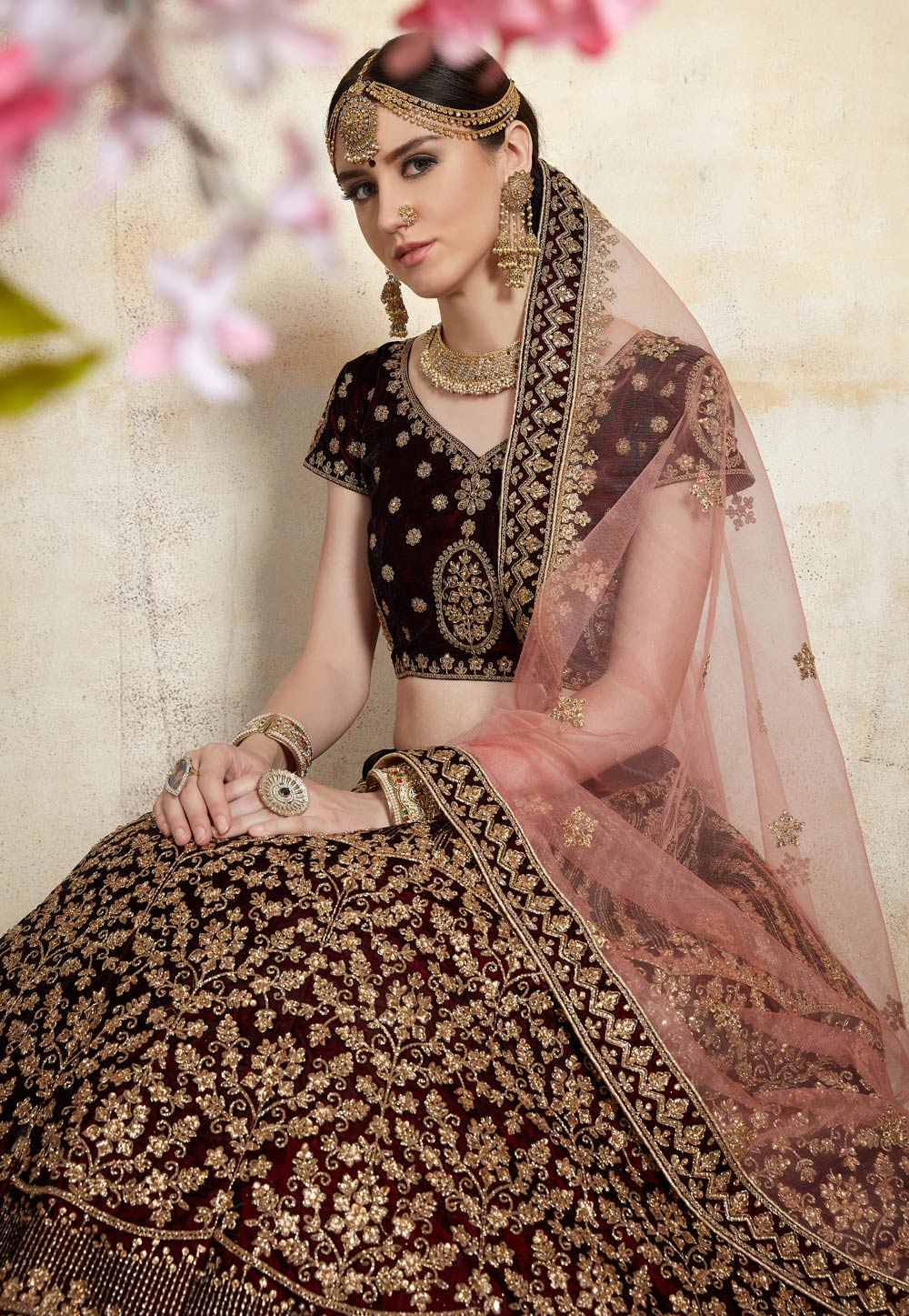 Maroon Adorable Designer Pure Velvet Semi Stitched Lehenga Choli For Wedding Wear