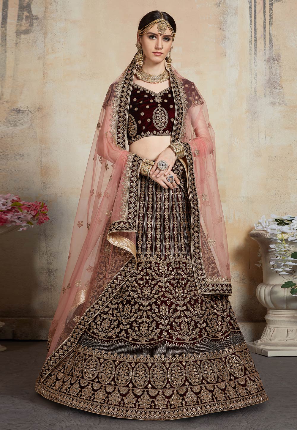 Maroon Adorable Designer Pure Velvet Semi Stitched Lehenga Choli For Wedding Wear