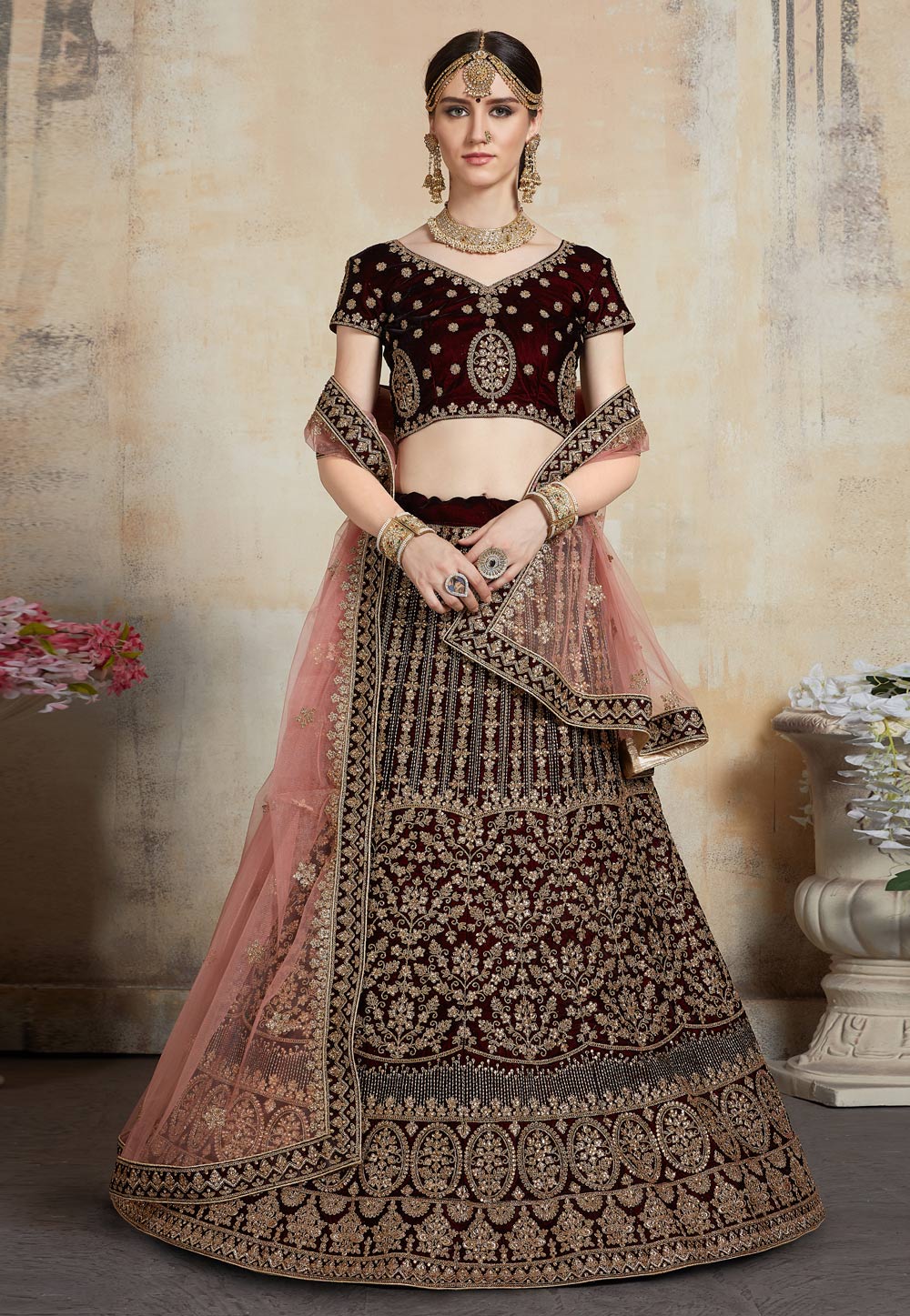Maroon Adorable Designer Pure Velvet Semi Stitched Lehenga Choli For Wedding Wear