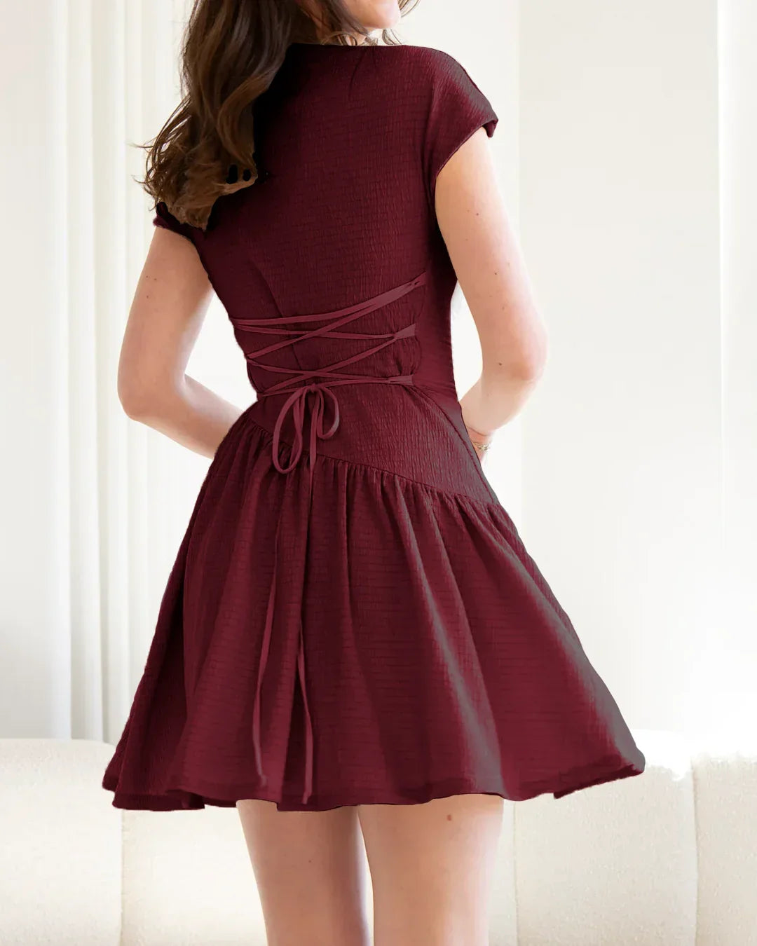Maroon Cap Sleeve Flared Mini Dress