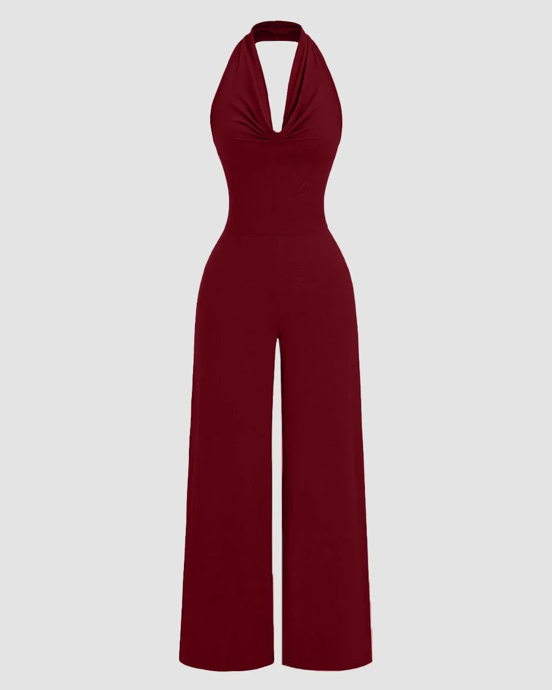 Maroon Halter Cowl Neck Wide Leg Jumpsuit