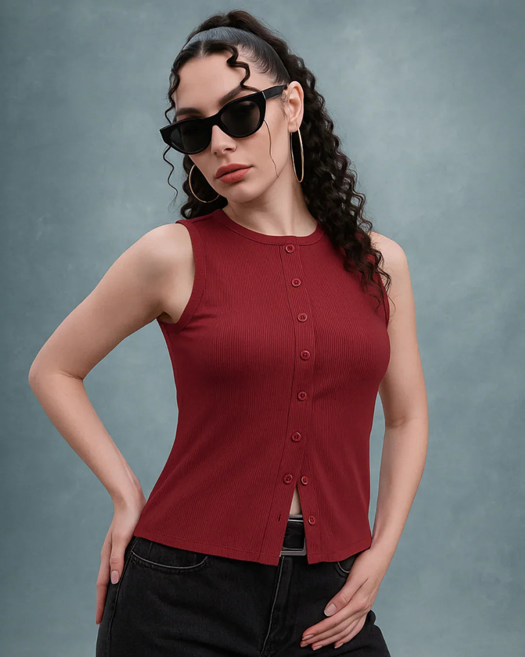 Maroon Sleeveless Ribbed Button-Front Top
