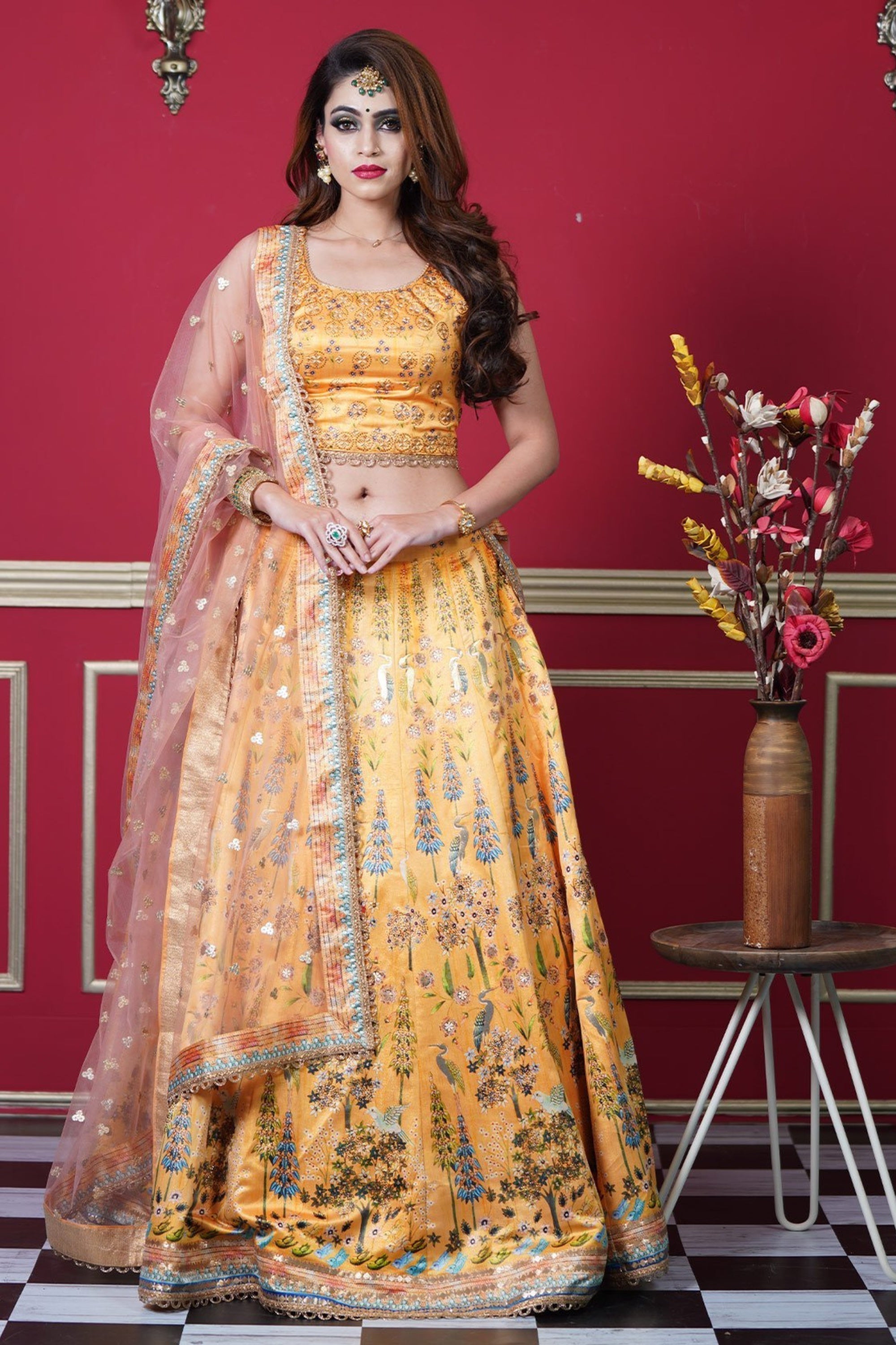 Masturd Pakistani Silk Lehenga Choli For Indian Festival & Weddings - Print Work, Swarovski Work