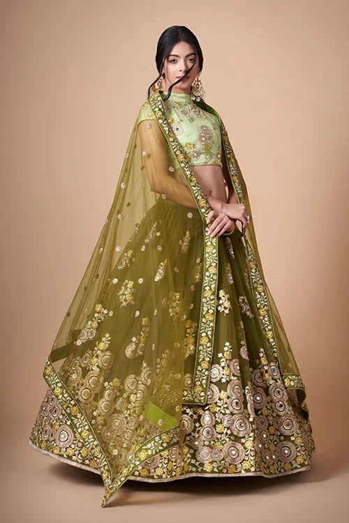 Mehndi Soft Net Thread Sequins Embroidered With Mirror Work Lehenga Choli