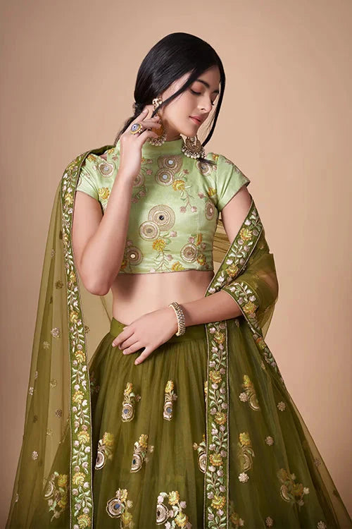 Mehndi Soft Net Thread Sequins Embroidered With Mirror Work Lehenga Choli