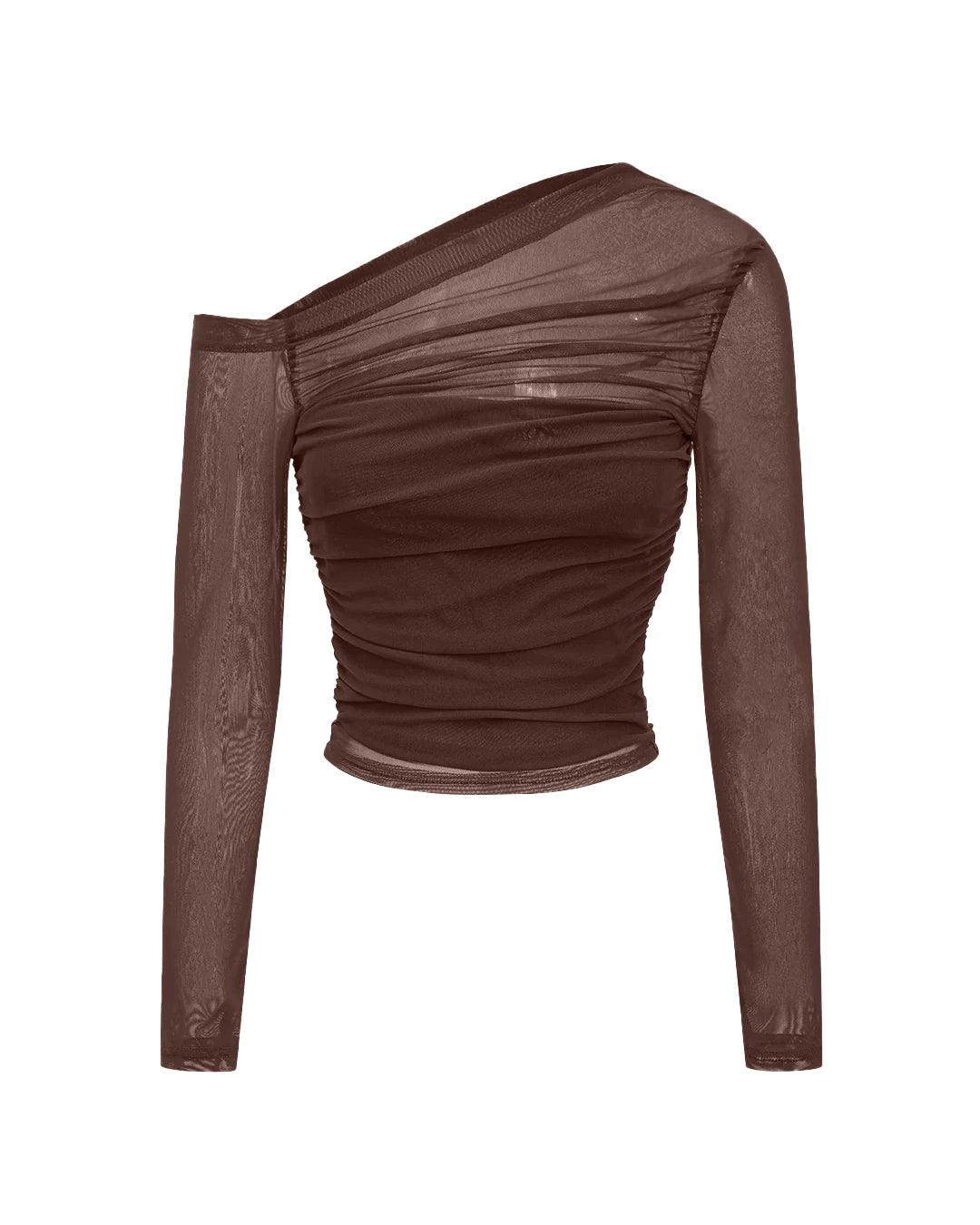 Mesh Asymmetrical Long-Sleeve Top In Coco Brown