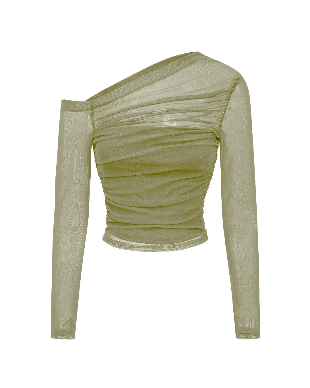 Mesh Asymmetrical Long-Sleeve Top In Herbal Green