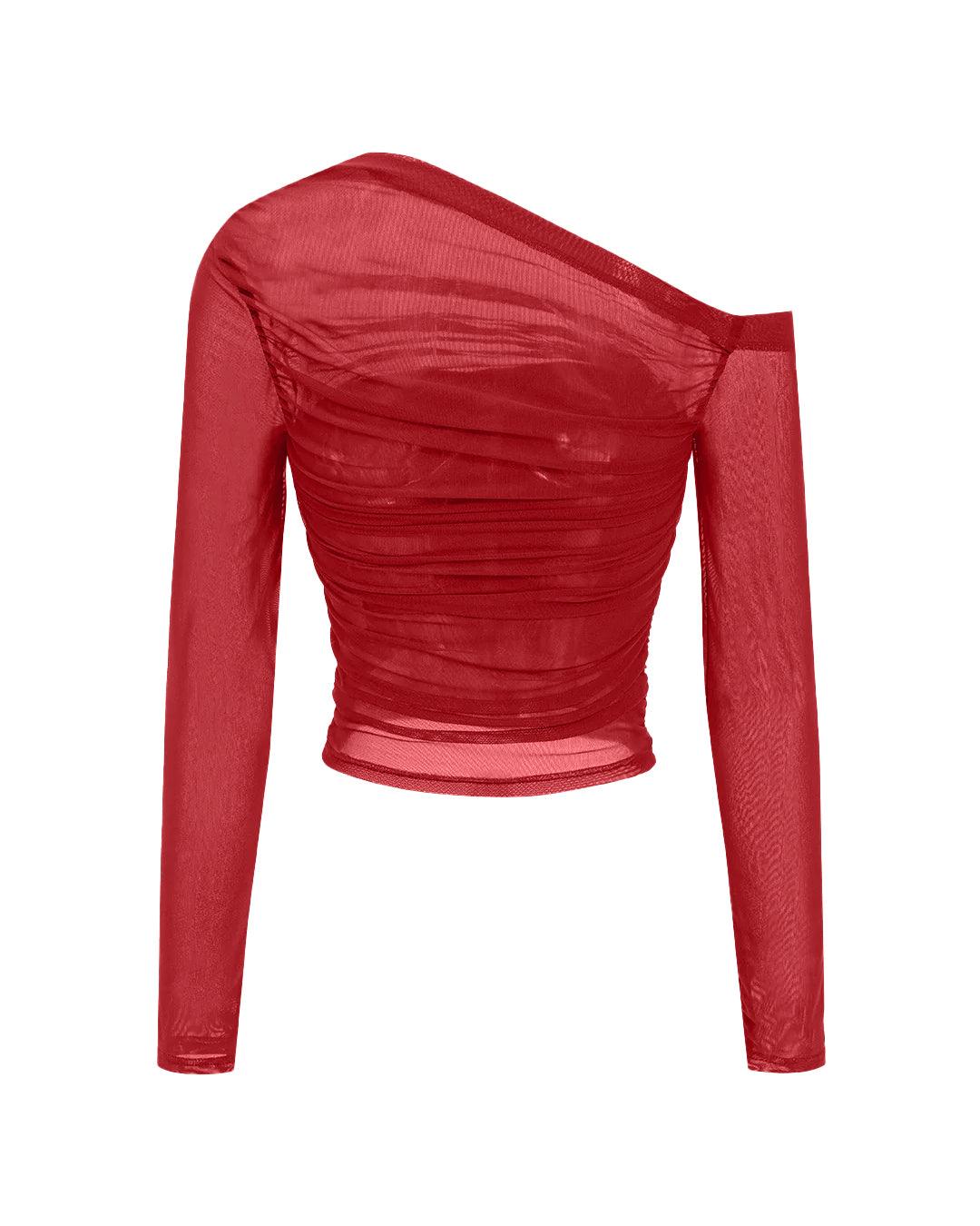 Mesh Asymmetrical Long-Sleeve Top In Red