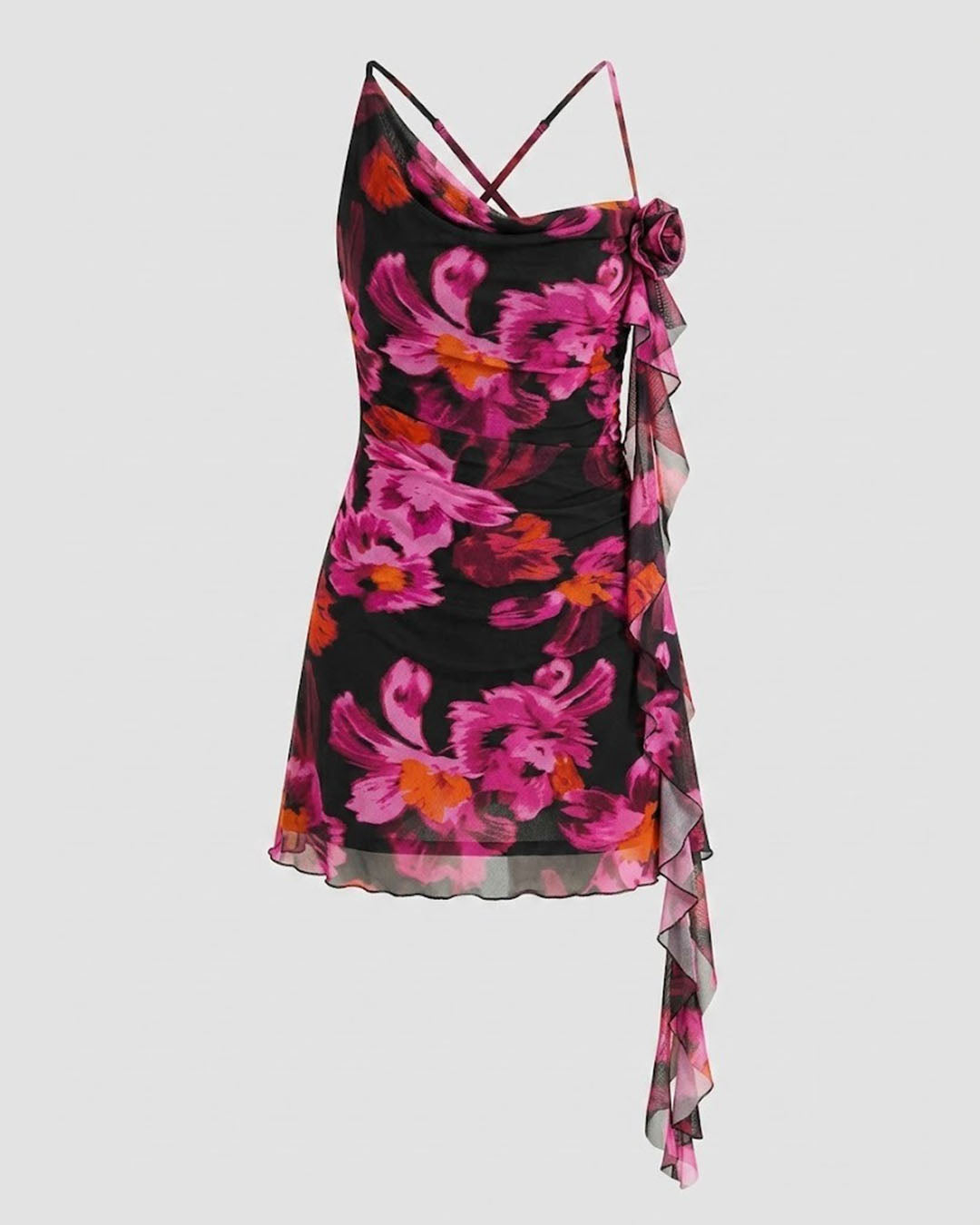 Mesh Asymmetrical Neck Ruched Mini Dress in Classic Black and Hot Pink