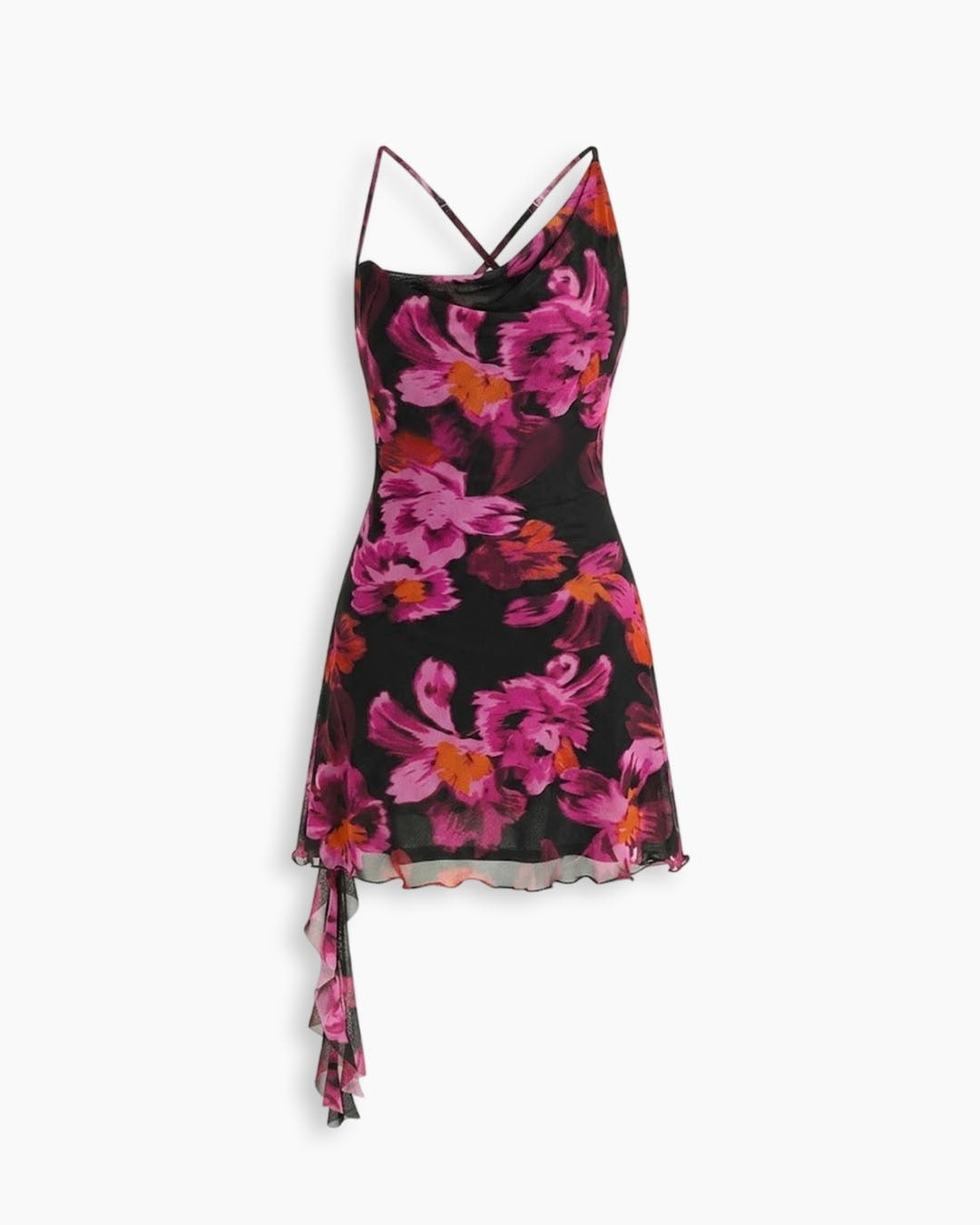 Mesh Asymmetrical Neck Ruched Mini Dress in Classic Black and Hot Pink