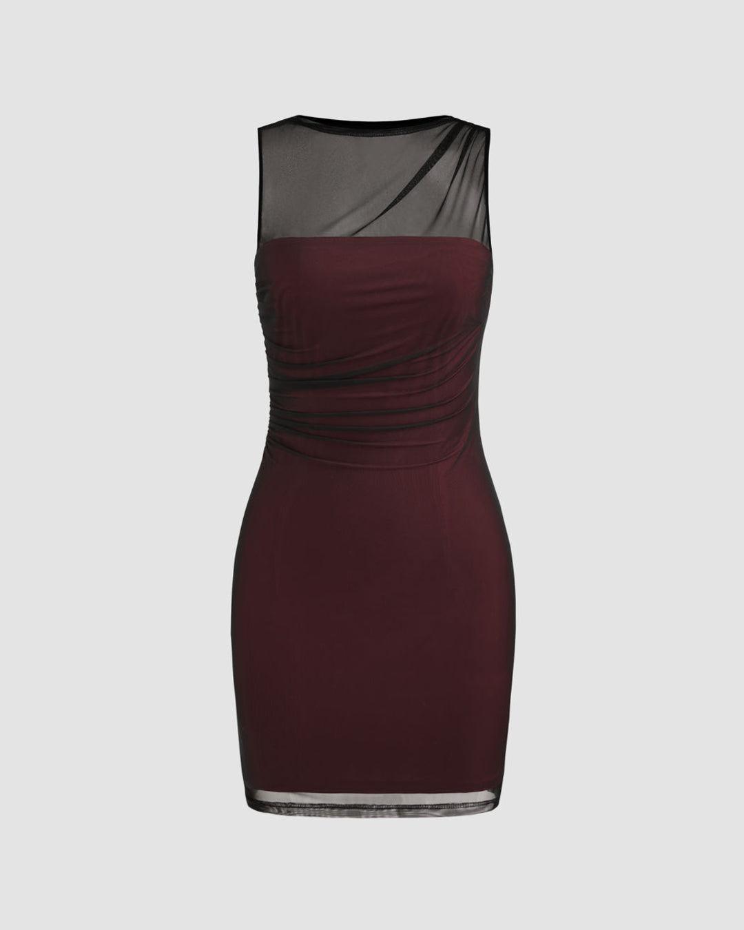Mesh Boat Neck Solid Mini Dress