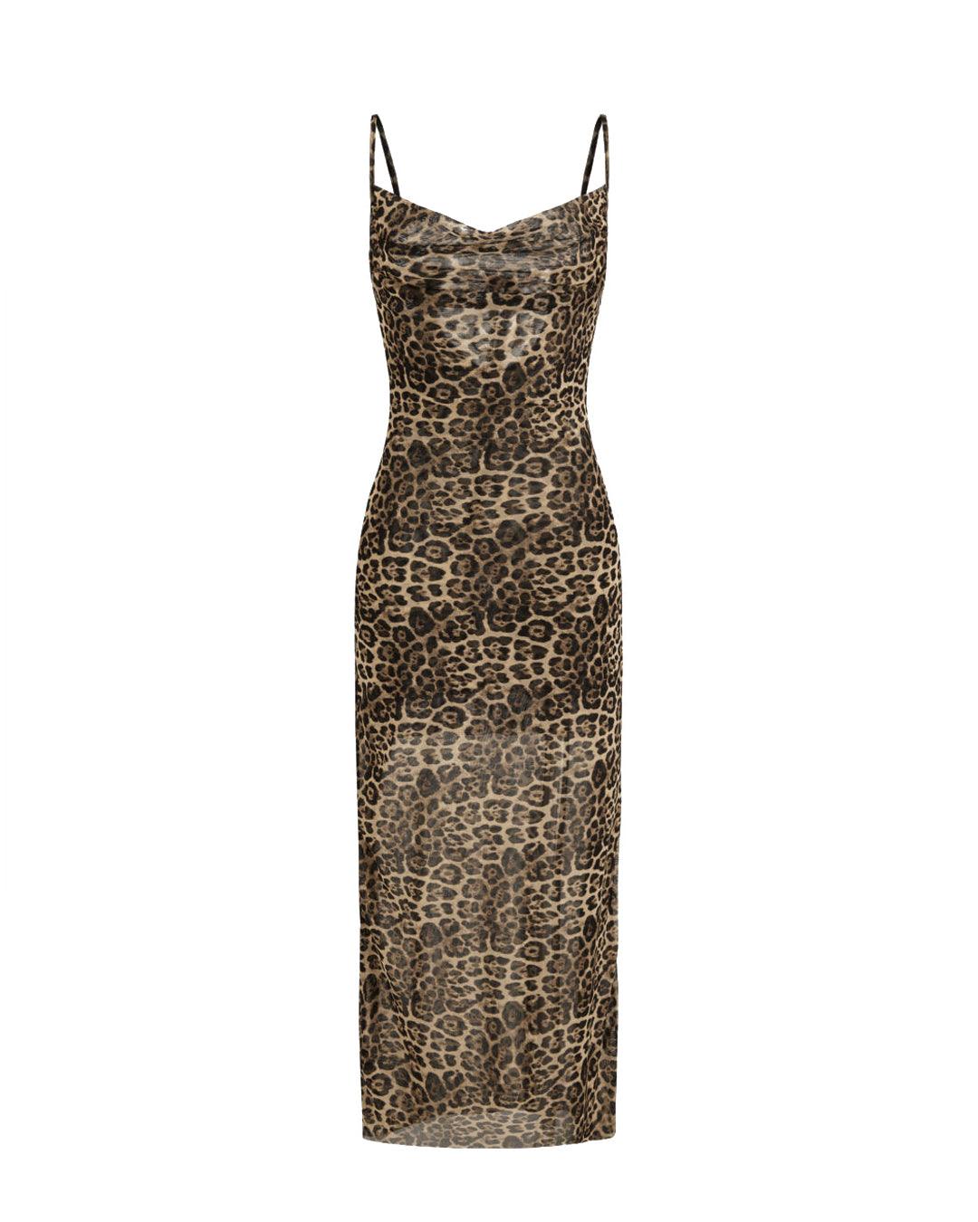 Mesh Cowl Neck Leopard Maxi Dress