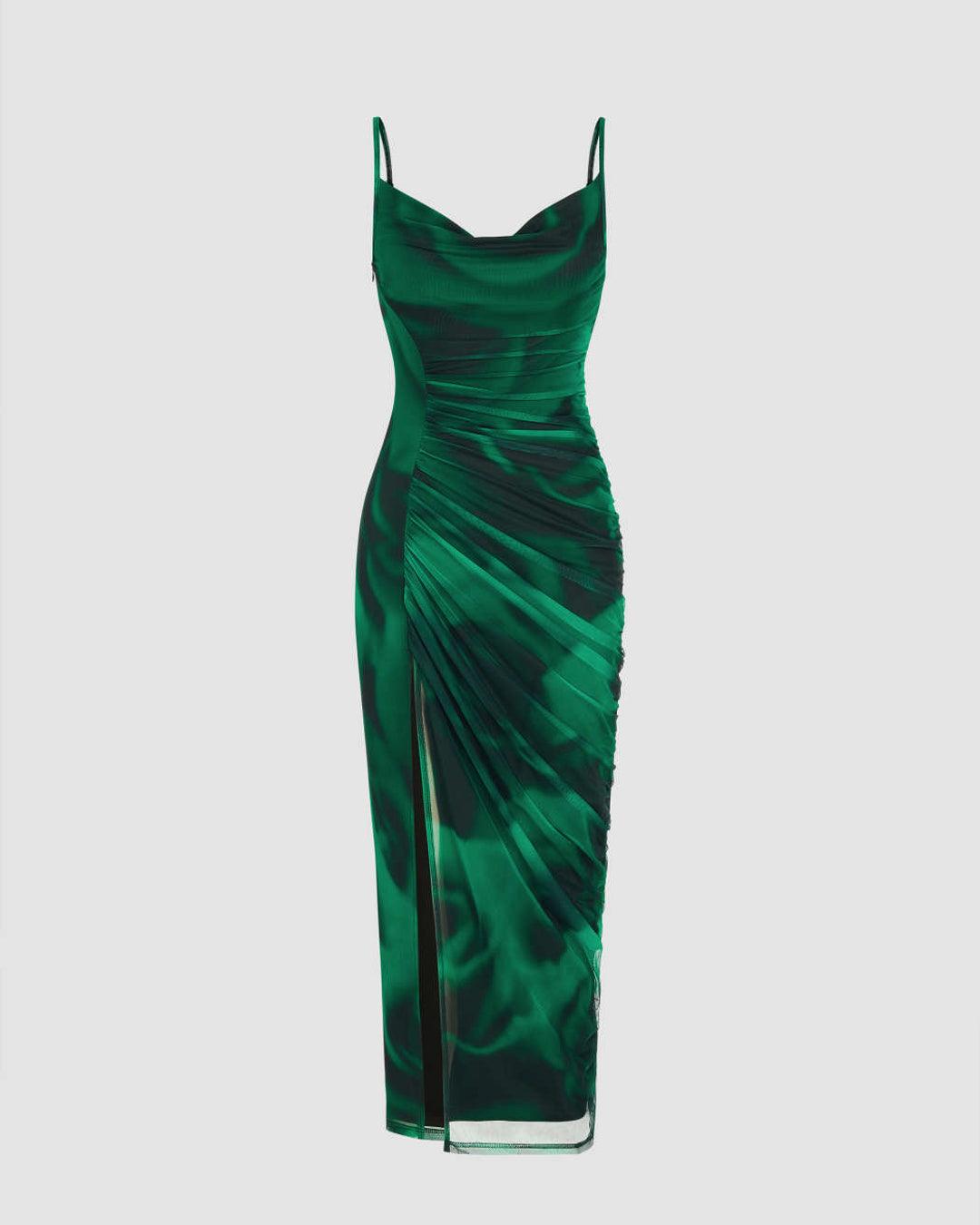 Mesh Cowl Neck Ruched Split Green Midi Dress