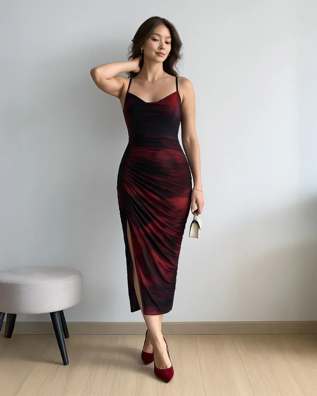 Mesh Cowl Neck Ruched Split  Red Midi Dress
