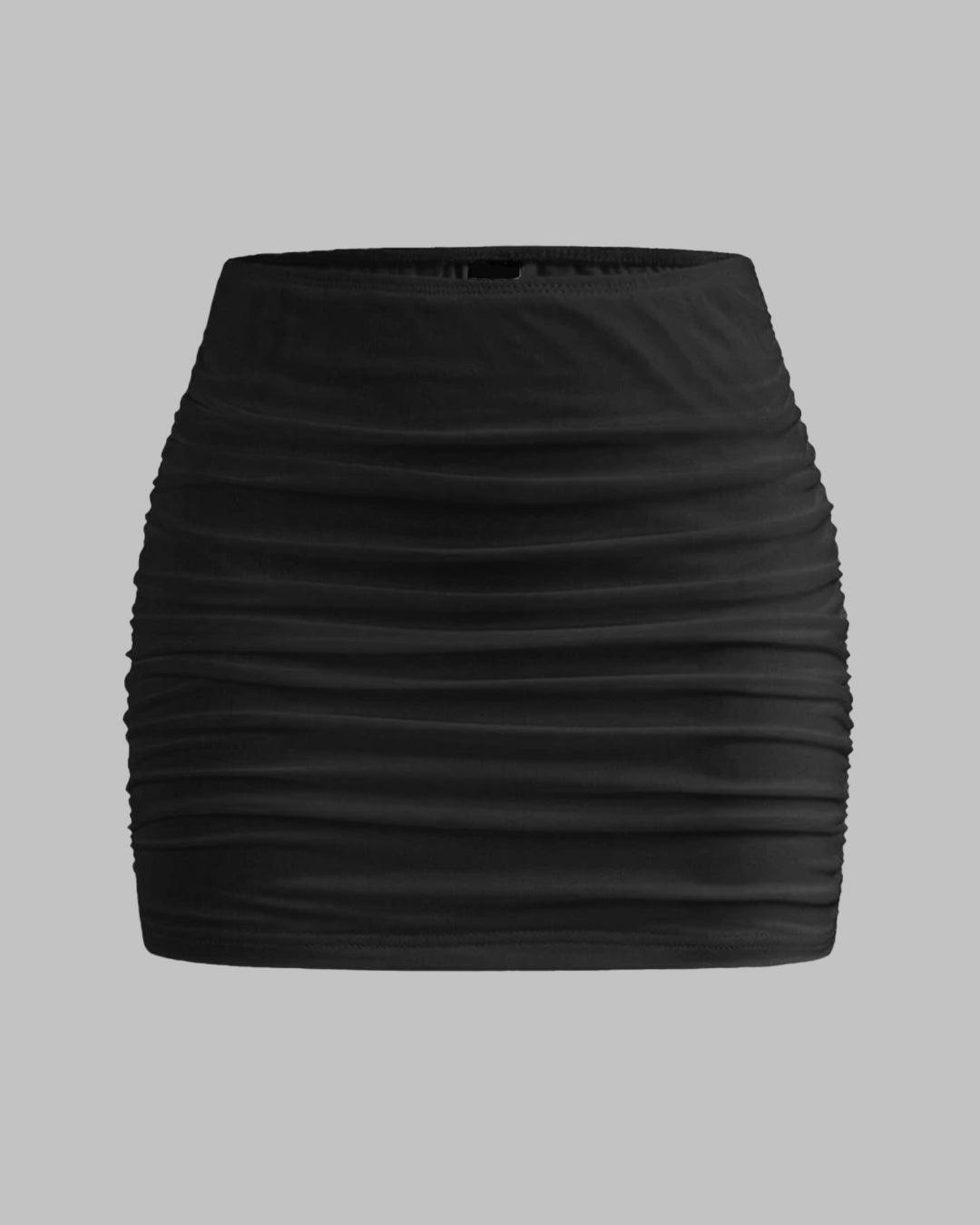 Mesh Double Layer Ruched Black Mini Skirt