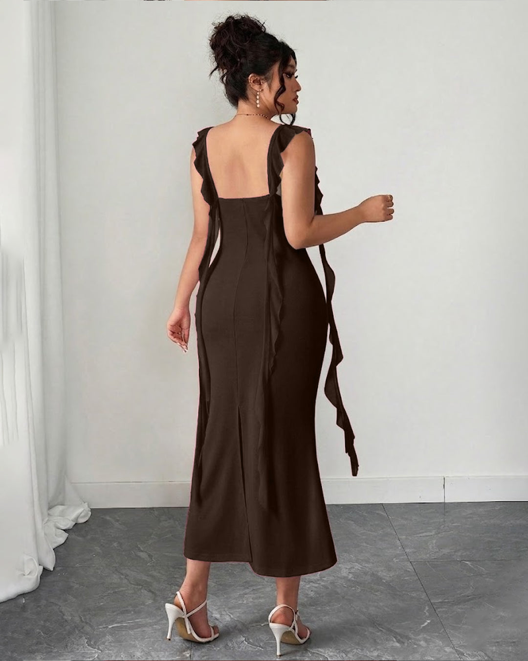 Mesh Fairy Tassel Mermaid Dress Curve & Plus in Coco Brown