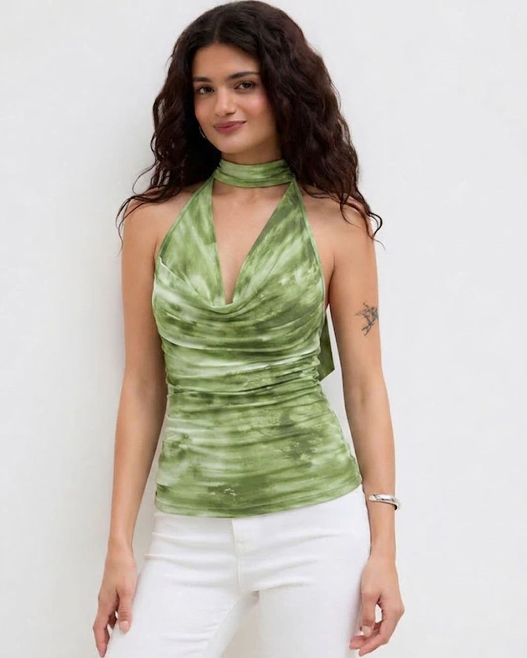Mesh Halter Neck Ruched Tank Top