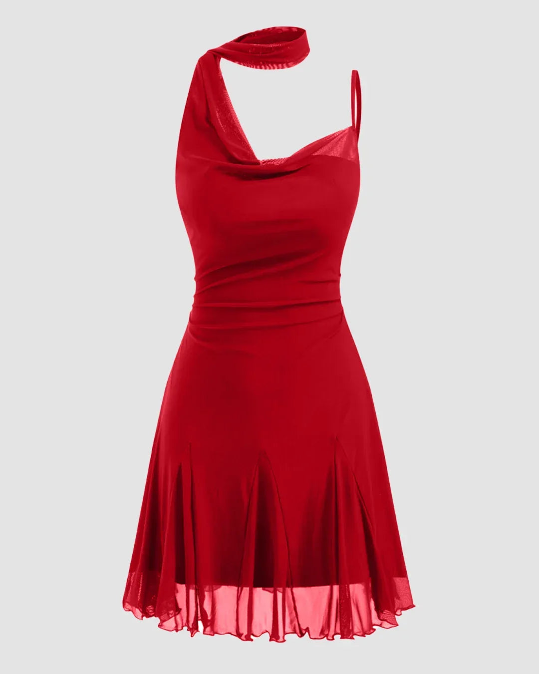 Mesh Halter Neckline Ruched Ruffle Hem Mini Dress in Red