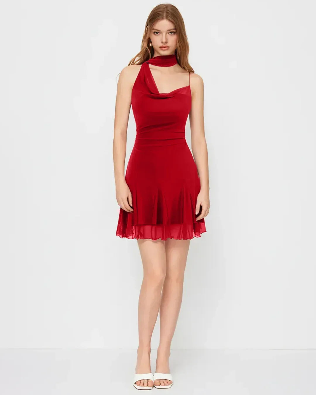 Mesh Halter Neckline Ruched Ruffle Hem Mini Dress in Red