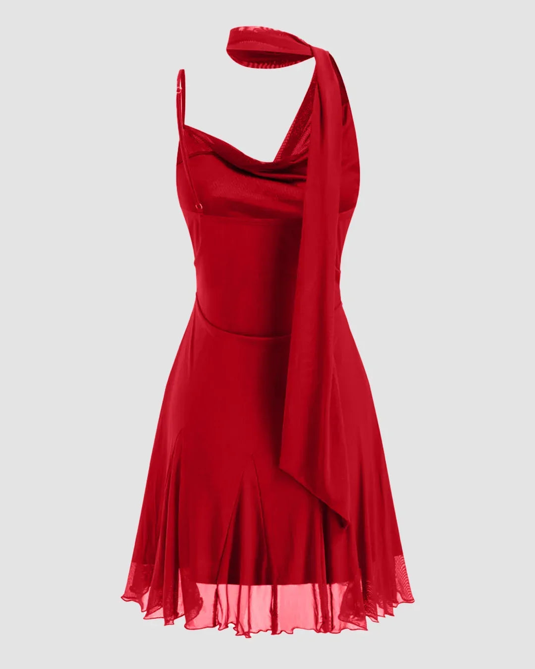 Mesh Halter Neckline Ruched Ruffle Hem Mini Dress in Red