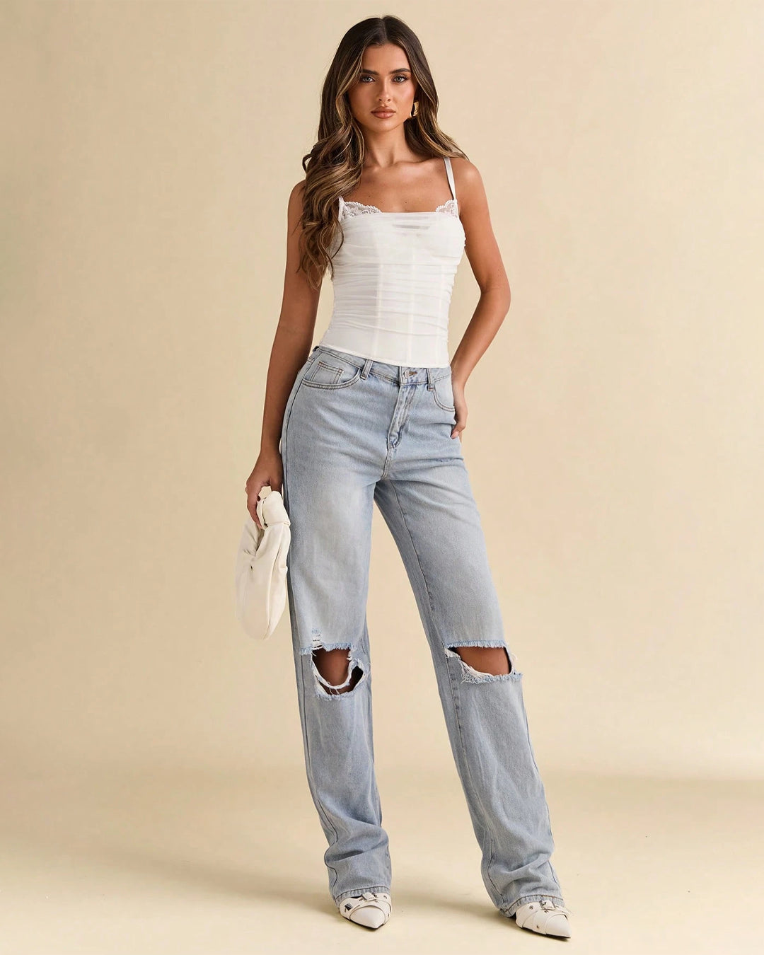 Mesh Lace Detail Corset Sleeveless Fitted Top in Classic White