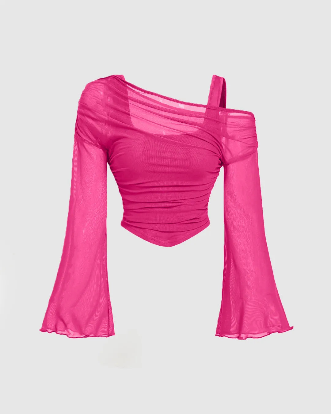 Mesh Off-Shoulder Long Sleeve Hot Pink Top