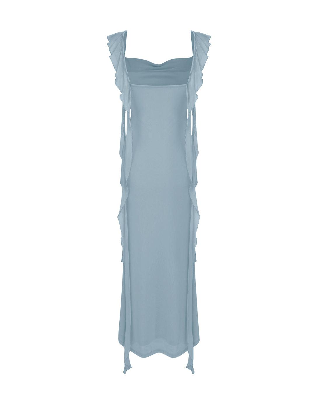 Mesh Ruffle Blue Maxi Dress