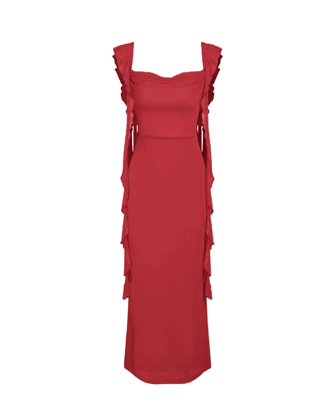 Mesh Ruffle Red Maxi Dress
