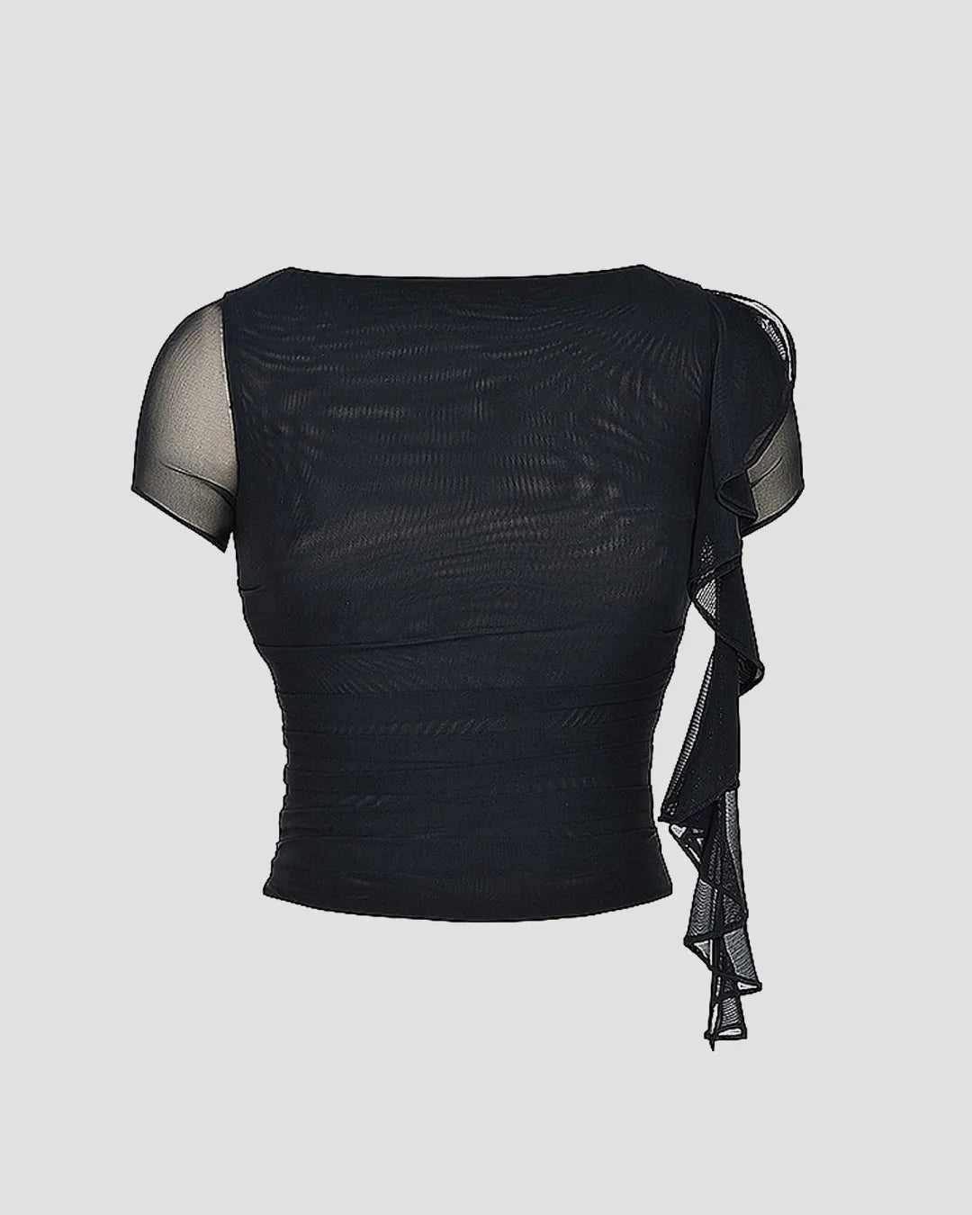 Mesh Ruffle Short Sleeve Black Top And Mini Skirt Set